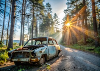 Naklejka premium Rusting Car Wreck in a Lush Forest at Golden Hour - Minimalist Photography of Nature and Abandonment