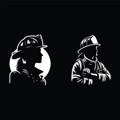 Fototapeta premium Wearing firefighter uniform silhouette. Black and white firefighter vector on white background.