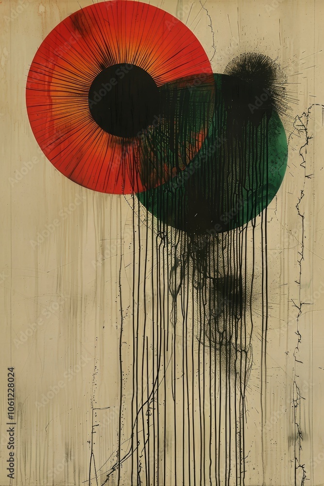 Poster two large, colorful circles overlap on a textured surface, surrounded by intricate black drips and s