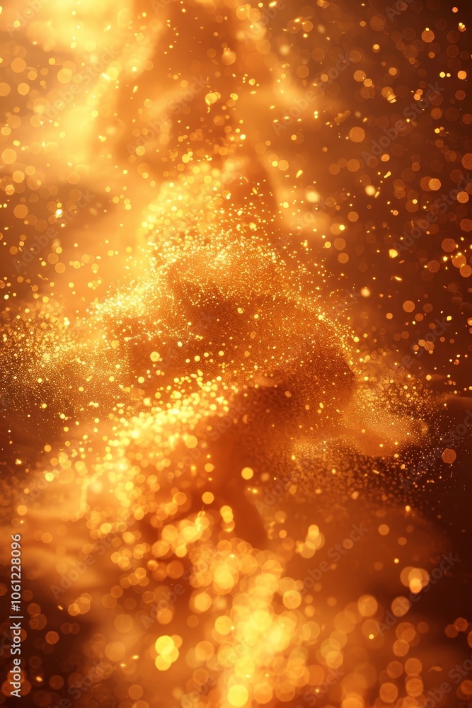 Poster a cascade of golden particles glimmers and swirls in warm light, creating a mesmerizing effect again