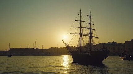 Fototapeta premium Historic Ship Silhouetted Against Sunset Horizon