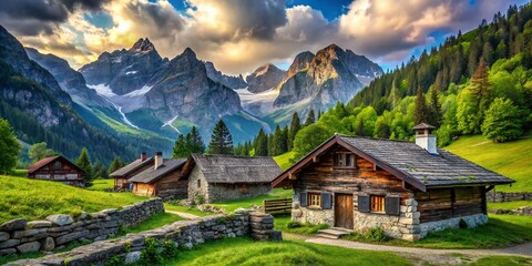 Scenic Landscape of Old Stone Chalets Nestled Among Majestic Mountains, Capturing Rustic Charm and Natural Beauty in a Serene Alpine Setting