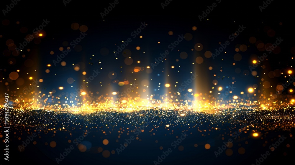 Poster a mesmerizing display of golden particles glistens against a deep dark backdrop, creating a magical 
