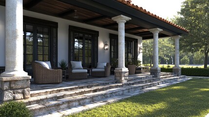 Obraz premium Charming Outdoor Patio with Stone Steps and Pillars