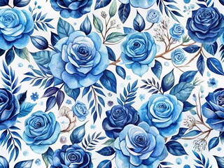 Seamless Watercolor Floral Pattern with Navy Blue Roses for Wrapping Paper, Wallpaper, and Fabric Design - Hand-Drawn Floral Texture Background