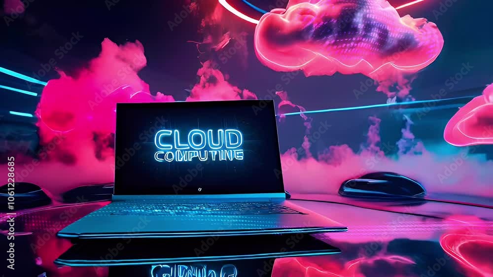 Poster laptop computer with neon cloud graphics on a dark background.
