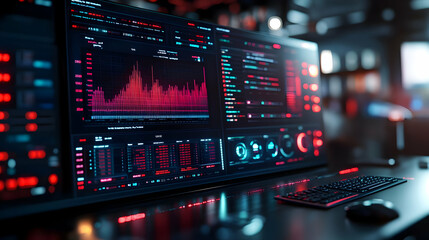 3D Render of Data Analysis with a Computer Monitor, Keyboard and Mouse