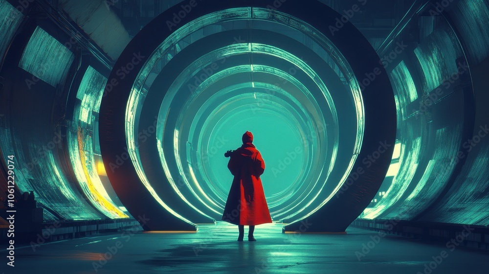 Poster surreal tunnel of light and a mysterious figure in a red coat