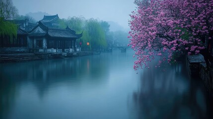 Obraz premium Serene River Scene with Cherry Blossom Trees