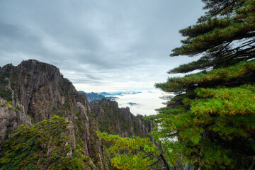 Huangshan scenery on a cloudy autumn day, including mountains, rocks, sea of ​​clouds and pine trees.