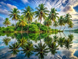 Obraz premium Serene Palm Tree Reflections Wallpaper Design for Tropical Vibes in Generative AI Art
