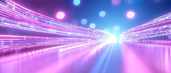 A pink and blue lighted tunnel with a bright light at the end