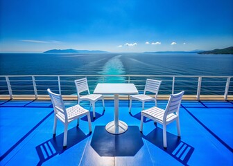 Serene Product Photography of Empty White Table and Chairs on a Ferry to Corfu Island, Greece – Perfect for Travel, Hospitality, and Outdoor Themes