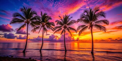 Obraz premium Serene Sunset Over Ocean with Four Palm Trees Silhouetted Against a Colorful Sky – Tropical Paradise Landscape Photography