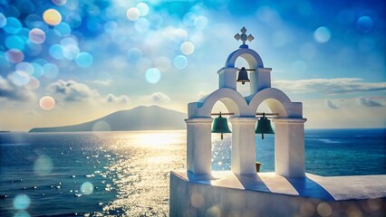 Serene White Chapel with Bells Overlooking the Blue Sea - Stunning Bokeh Effect, Coastal Serenity, Tranquil Landscape, Island Getaway, Church Architecture, Seaside Beauty