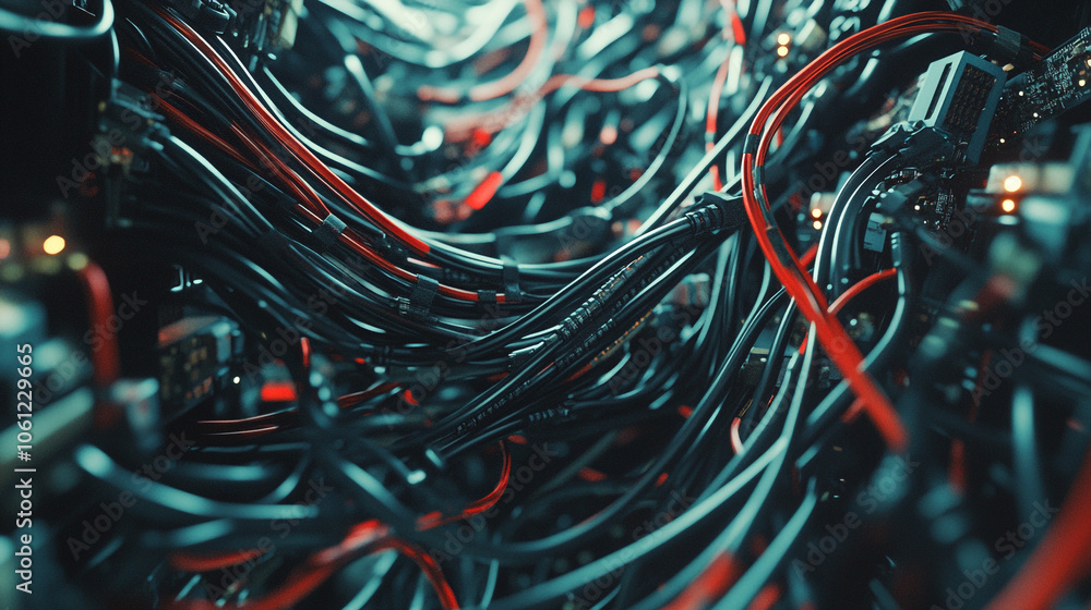Poster intricate network of cables and wires inside a server room illuminated by soft lighting