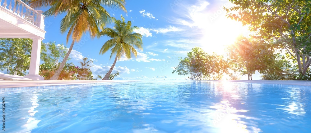 Poster a pool with a palm tree in the background