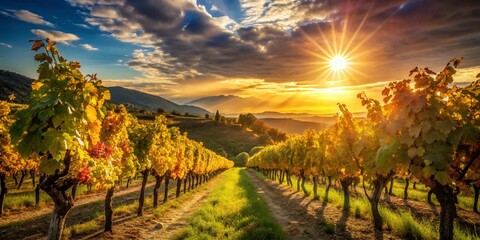 Fototapeta premium Silhouette of a Mediterranean Vineyard in Soft Wind Under a Sunny Sky – Tranquil Nature Scene, Grape Vines, Golden Light, Scenic Landscape, Summer Vibes, Rustic Charm, and Breathtaking Views