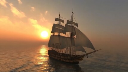 Obraz premium Majestic Sailing Ship at Sunrise Over Calm Waters