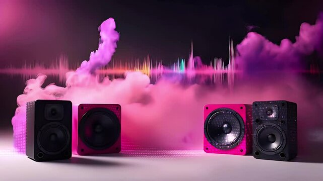 Three speakers with pink and purple smoke and sound wave behind them.