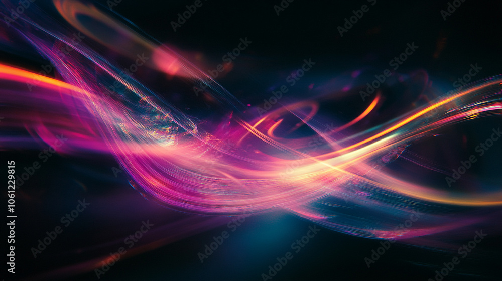 Poster vibrant abstract light trails swirl in a colorful display against a dark background