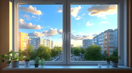 Window View of Cityscape with Blue Sky and White Clouds - Realistic Image