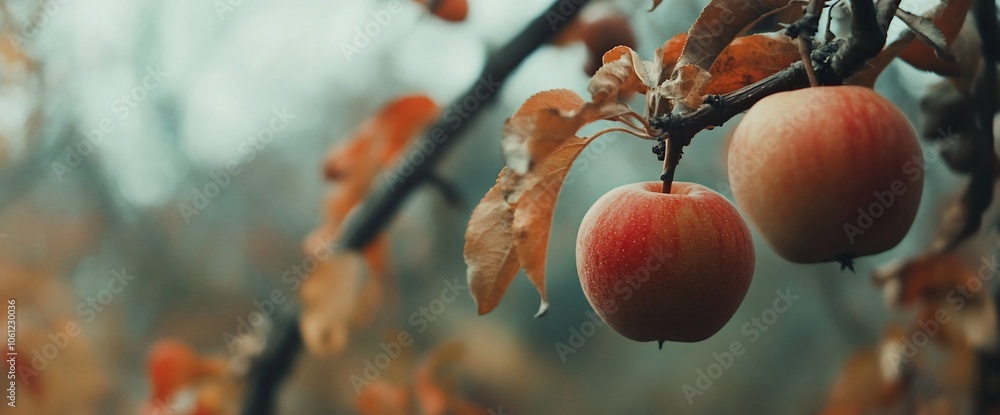 Poster two red apples on a branch with blurred background.