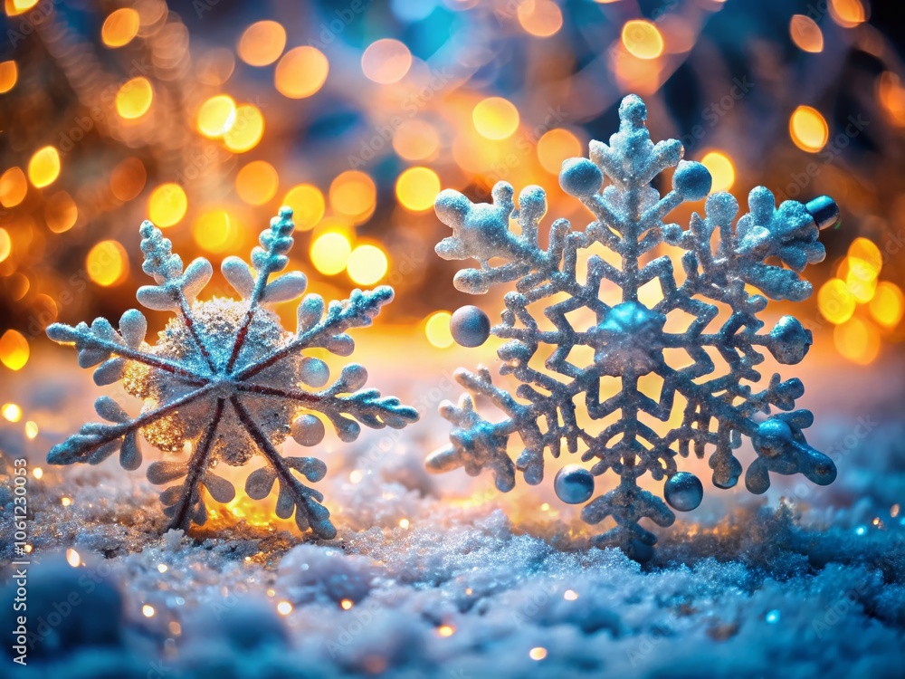 Poster snowflake background bundle with light bokeh effects for christmas - macro photography of frosty sno