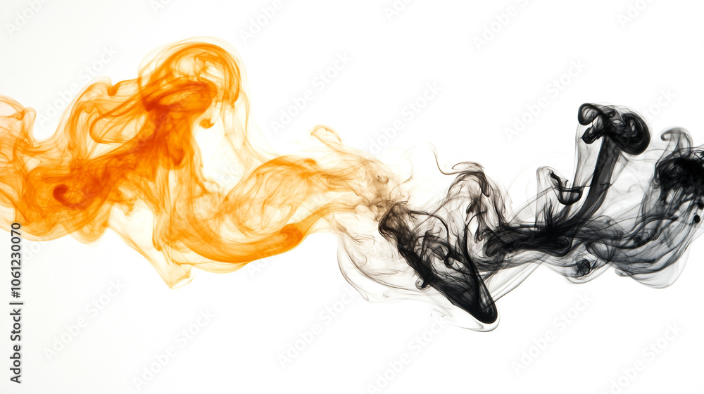 Poster swirling orange and black smoke creating abstract patterns in a bright background