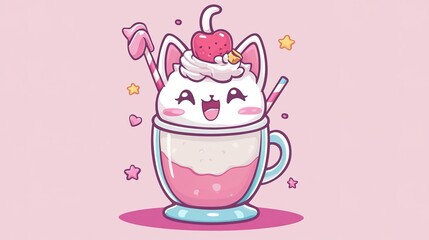A delightful illustration of a cute kawaii cat enjoying a milkshake, featuring large expressive eyes and a playful pose. This charming design captures the essence of kawaii culture,