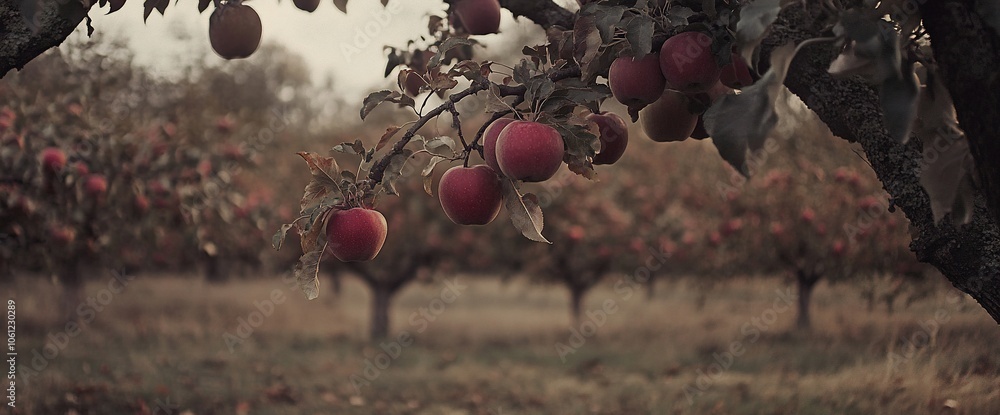 Aufkleber close-up of red apples on a tree branch with a blurred orchard in the background.
