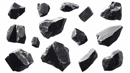 Raw rare stone floating black rock meteorite material isolated on white background. Crystal Mines. Illustration