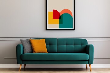 A stylish living room featuring a teal sofa with wooden legs, complemented by cushions and adorned with a colorful geometric art piece above it.