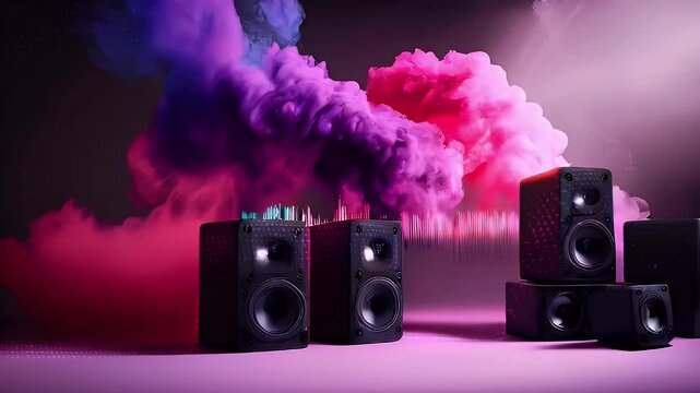 Black speakers on a pink background with pink and blue smoke and a sound wave behind them.