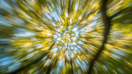 Obraz premium Vibrant autumn leaves swirling above in a forest as the sunlight filters through the canopy