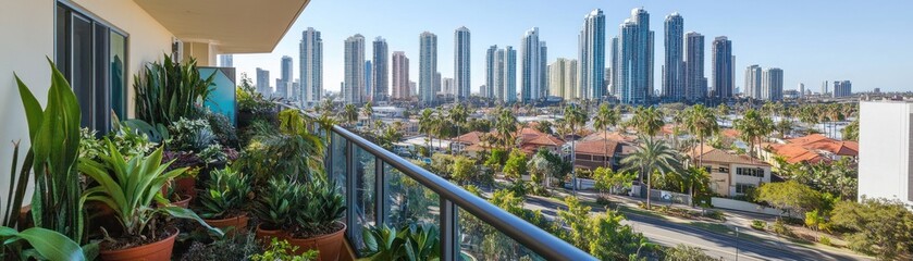 Fototapeta premium A balcony view showcasing urban skyline and lush plants in a vibrant city setting.