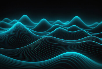 Generate an abstract, futuristic digital wave composed of tiny glowing teal-blue dots, forming flowing, undulating wave-like patterns. The background should be dark, allowing the bright dots and lines