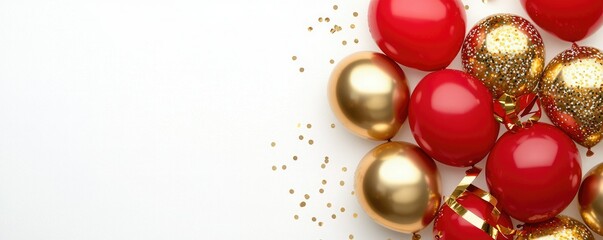 A vibrant arrangement of red and gold Christmas ornaments, embellished with glitter, perfect for holiday decorations.