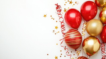 Colorful red balloons and glittering ornaments decorate a white surface, creating a festive and cheerful atmosphere.