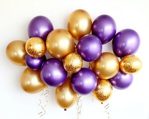 A vibrant display of purple and gold balloons, ideal for festive celebrations and party decorations, creating a cheerful atmosphere.