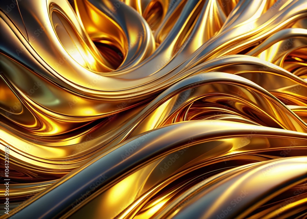 Poster stunning aerial view of gold reflection on silver mercury background with shiny curves and abstract 
