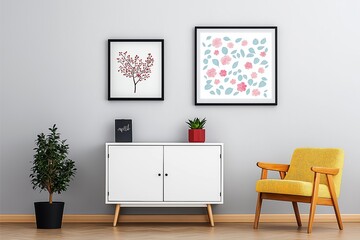 A contemporary room featuring a white cabinet, two framed artworks, a yellow chair, and potted plants, creating a harmonious balance of color and style.