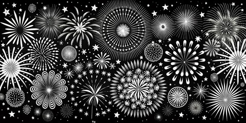 Stunning Black and White Fireworks Vector Art for Holiday Celebrations, Dynamic Salutes, Festive Designs, Elegant Graphics, Creative Elements for Invitations and Decorations