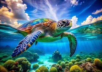 Obraz premium Stunning Double Exposure of a Blue and Green Turtle Swimming in the Ocean with Vibrant Underwater Life - Eye-Catching Marine Wildlife Imagery for Nature Lovers and Environmental Advocates