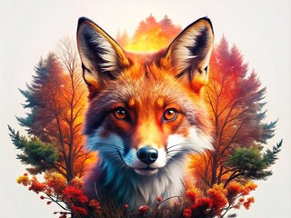 Obraz premium Stunning Double Exposure of a Vector Red Fox Head in Front View with Nature Elements, Capturing Wildlife, Art, and Creativity for Unique Visuals