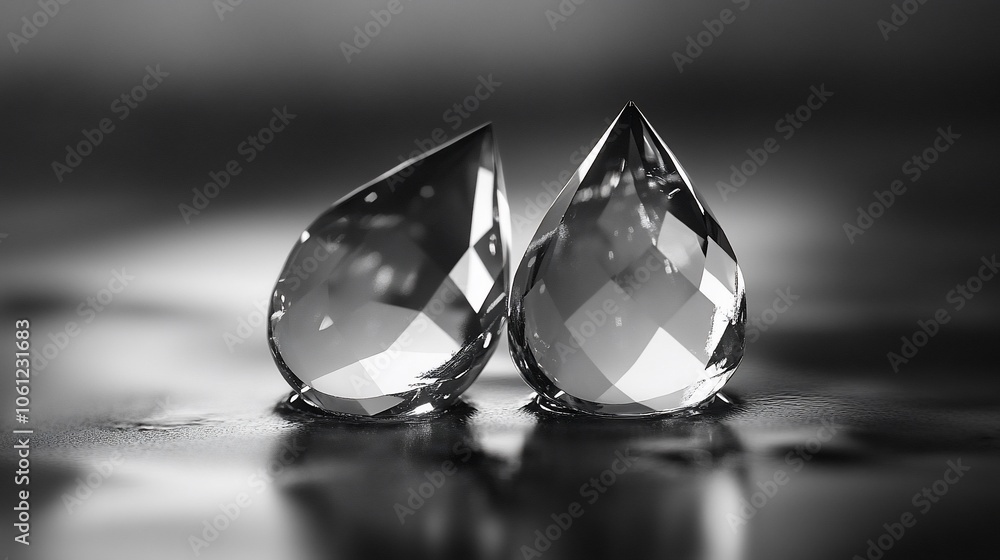 Poster two crystal teardrop shapes on a reflective surface, illuminated by a soft light.