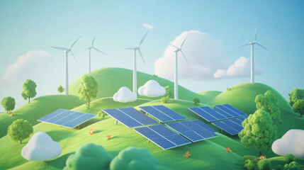 vibrant landscape featuring solar panels and wind turbines on rolling green hills, symbolizing renewable energy and sustainability. scene is bright and cheerful, promoting clean energy future