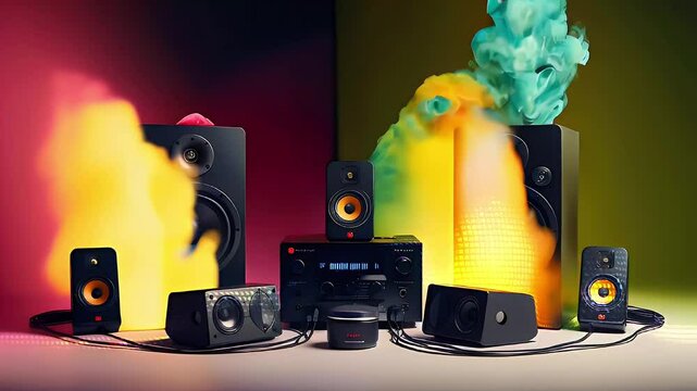 Six black speakers with orange and gold accents, positioned on a table against a red, yellow, and green background with colorful smoke.