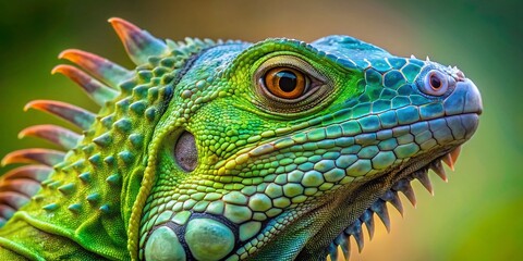 Obraz premium Stunning Macro Photography of a Green Iguana Head Close-Up with Blurry Background, Capturing Intricate Details and Vibrant Colors of This Fascinating Reptile in its Natural Habitat