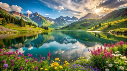 Stunning Perspective Landscape Magazine Mockup Featuring Breathtaking Scenic Views, Lush Green Mountains, and Serene Water Bodies for Photography Inspiration and Design Showcase